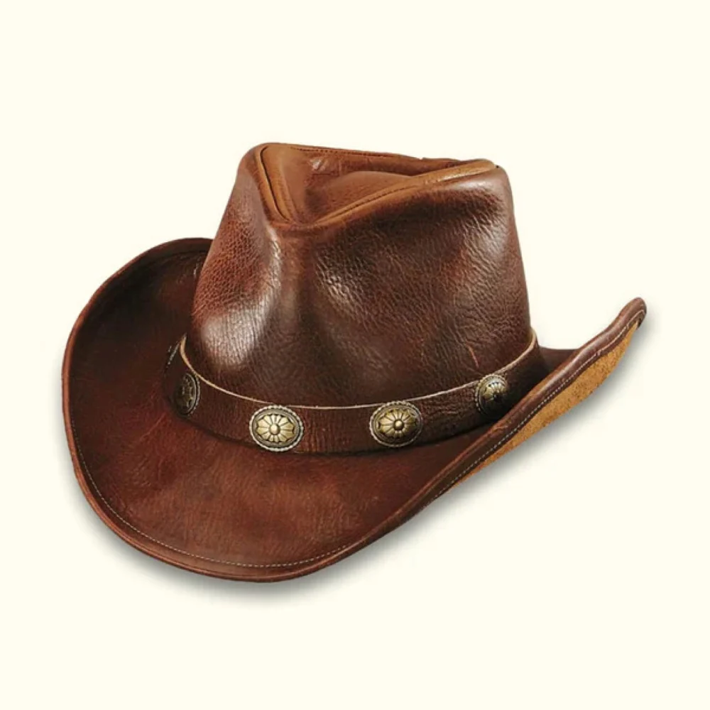 Brown Leather Cowboy Hat With Leather Buckle Trim - Image 3